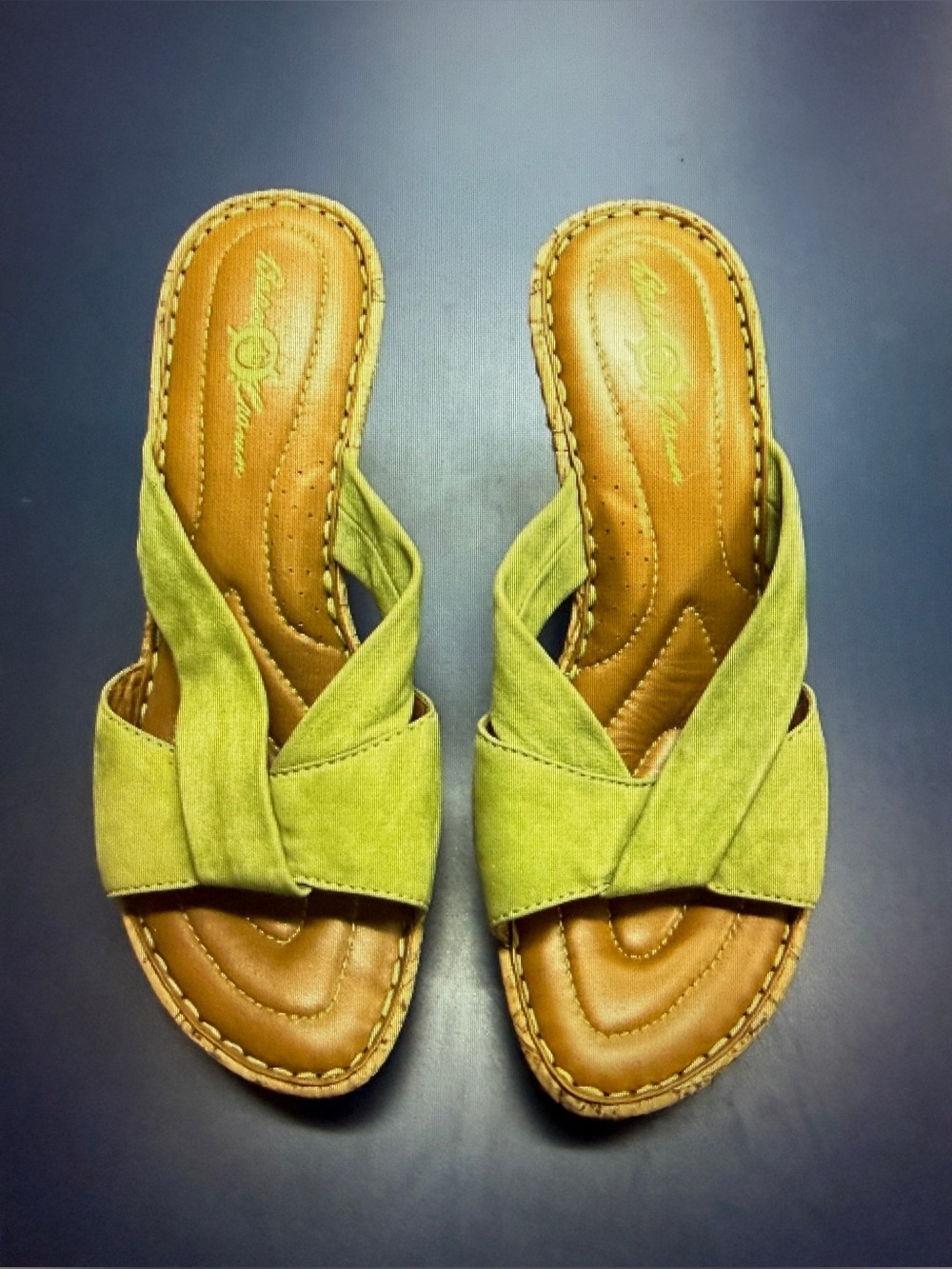 Born Crown Green Leather Suede Wedge Mule Sandal Shoe Sz 8M